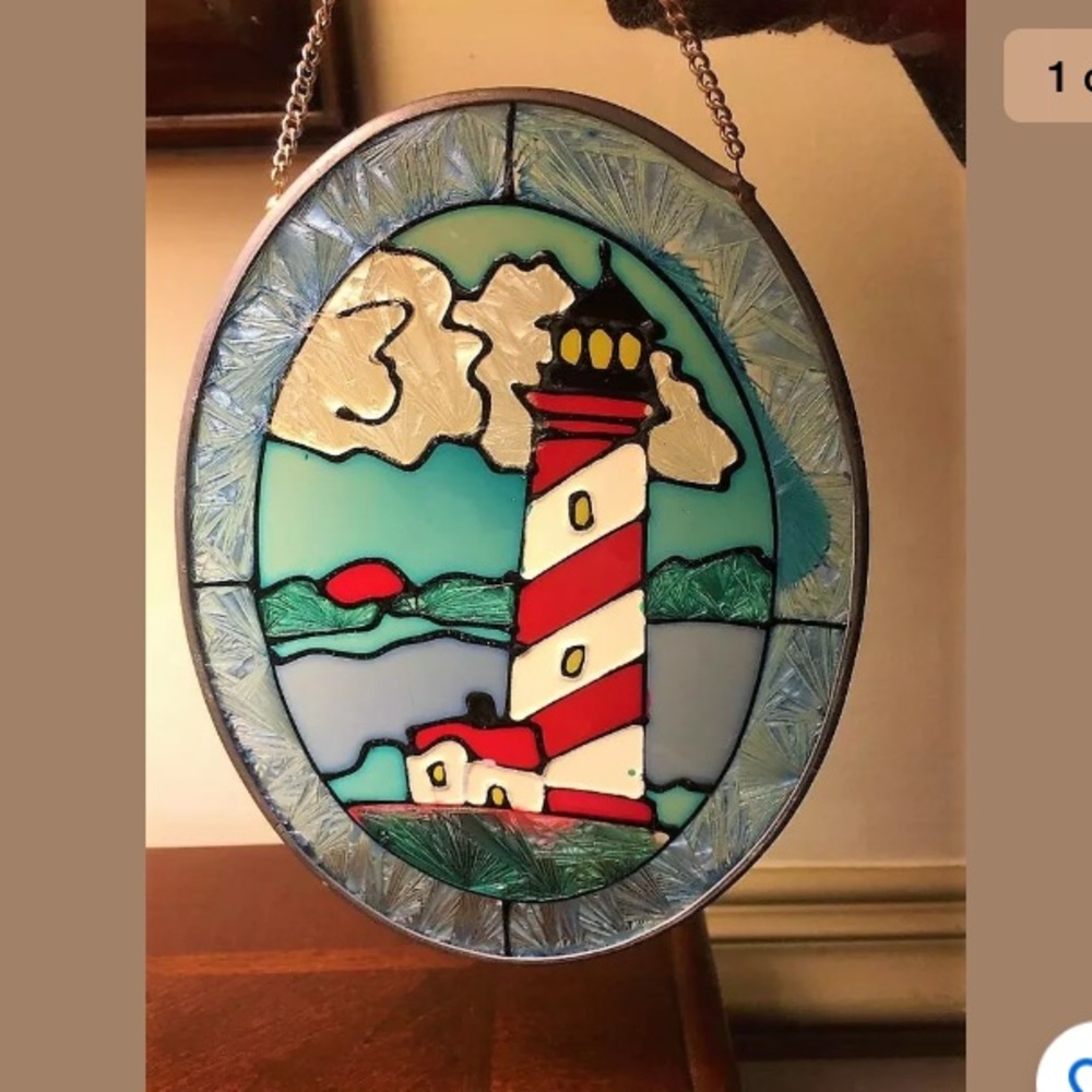 Large Vtg Amia Stained Glass Lighthouse Hanging